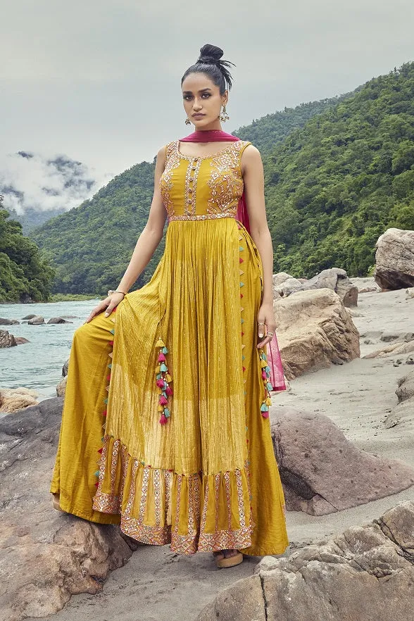 50Z823-RO Yellow Naira Cut Style Kurta With Sharara