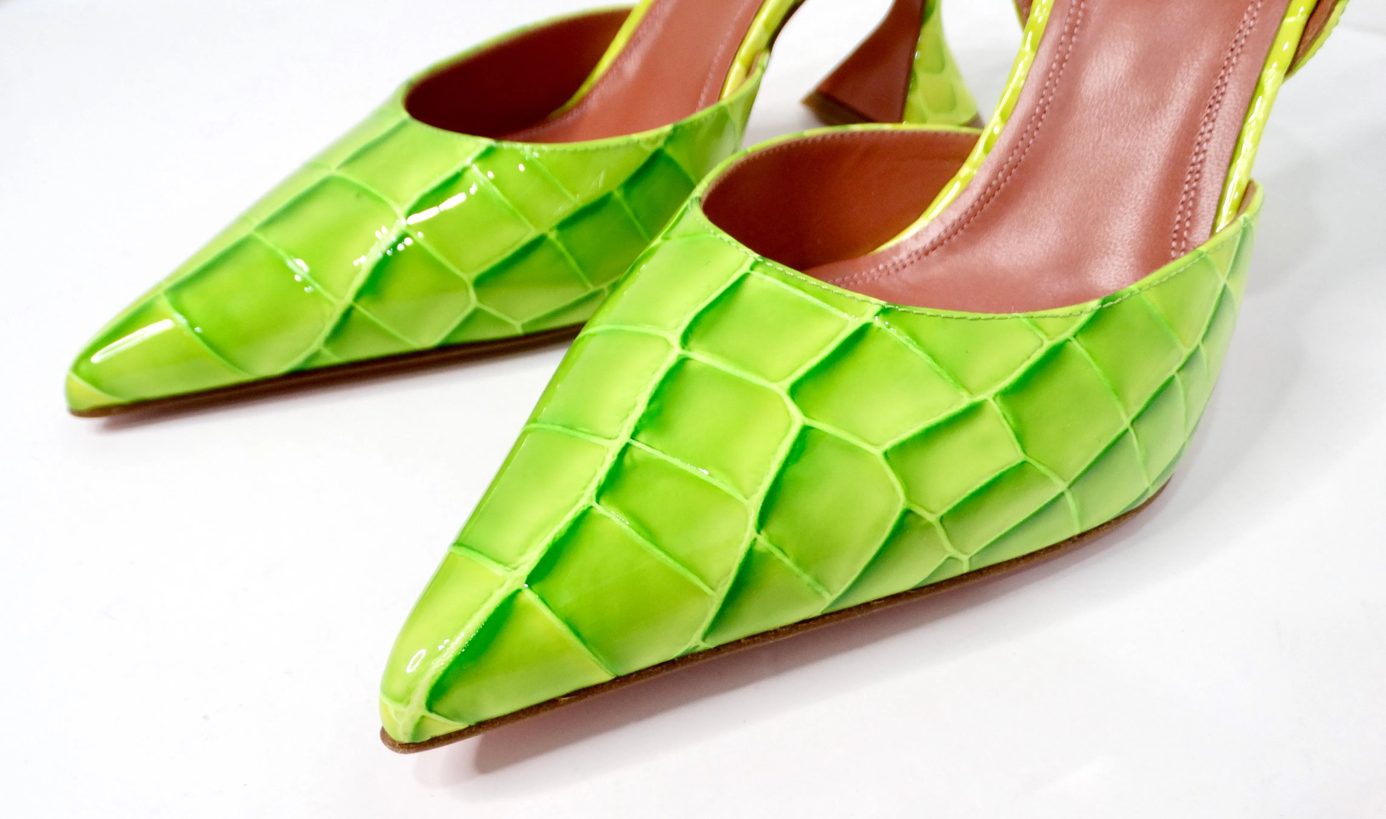 Amina Muaddi Begum Neon Green Croc Embossed Patent Leather Slingback Pumps