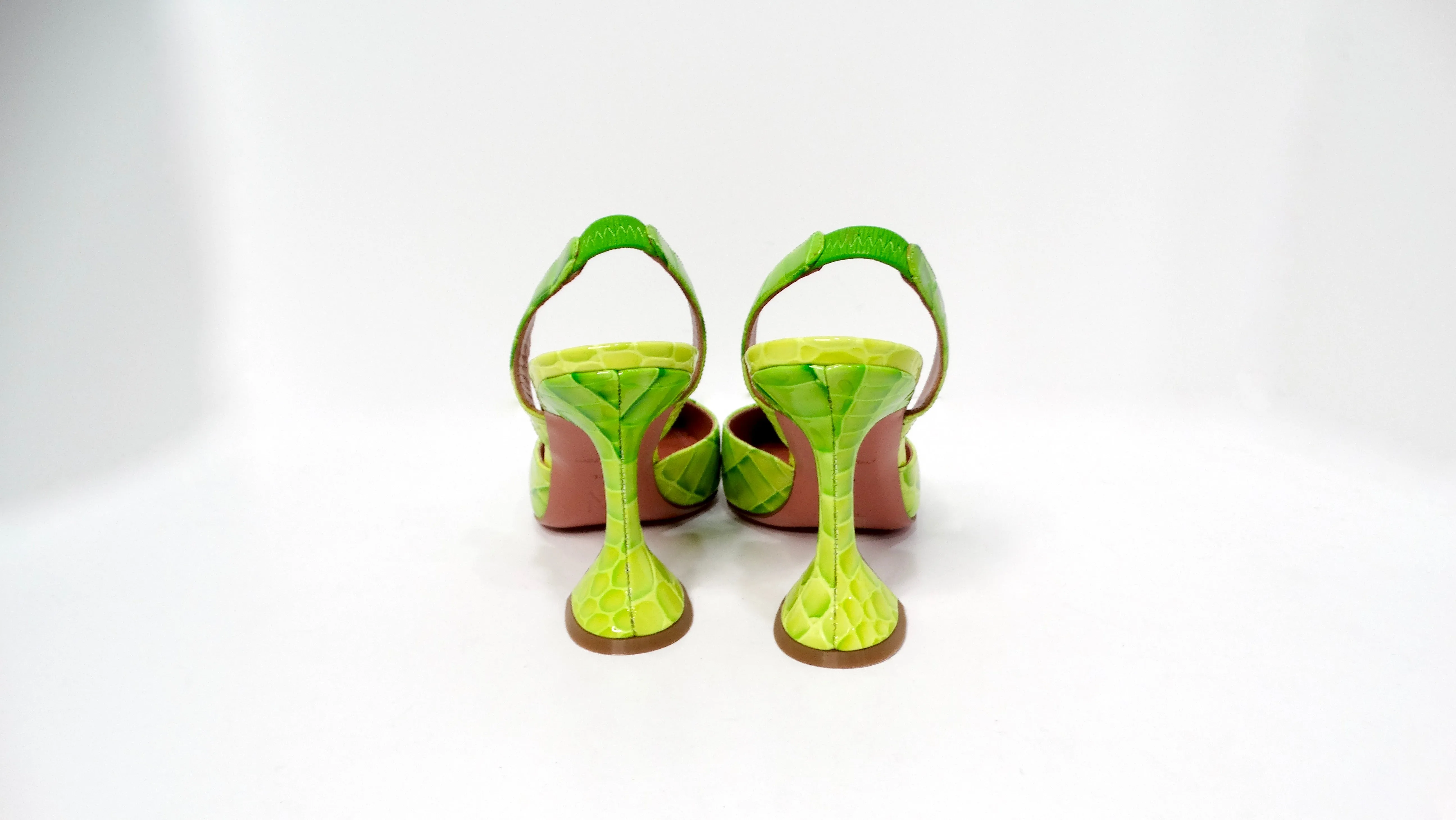 Amina Muaddi Begum Neon Green Croc Embossed Patent Leather Slingback Pumps