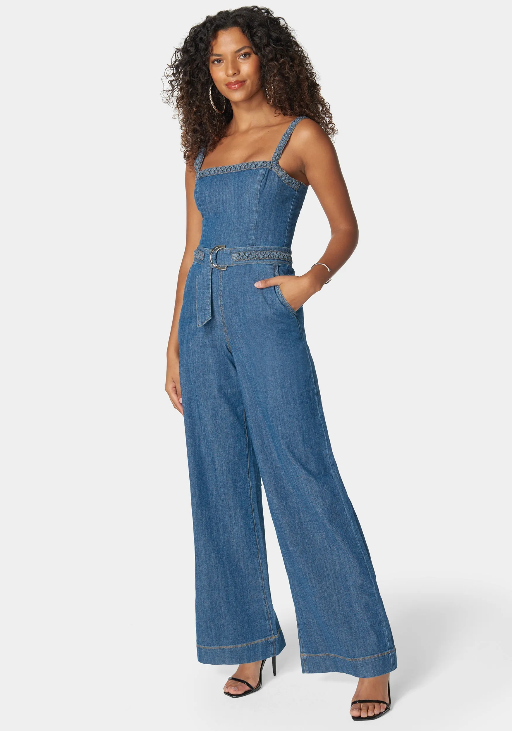 Braided Detail Ultra Wide Leg Denim Jumpsuit