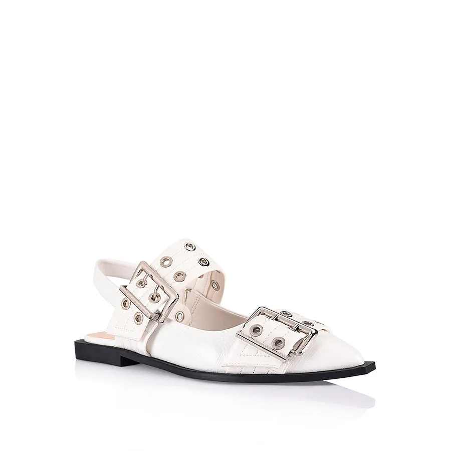 Clea Slingback Buckle Flats - Chalk White Crinkle