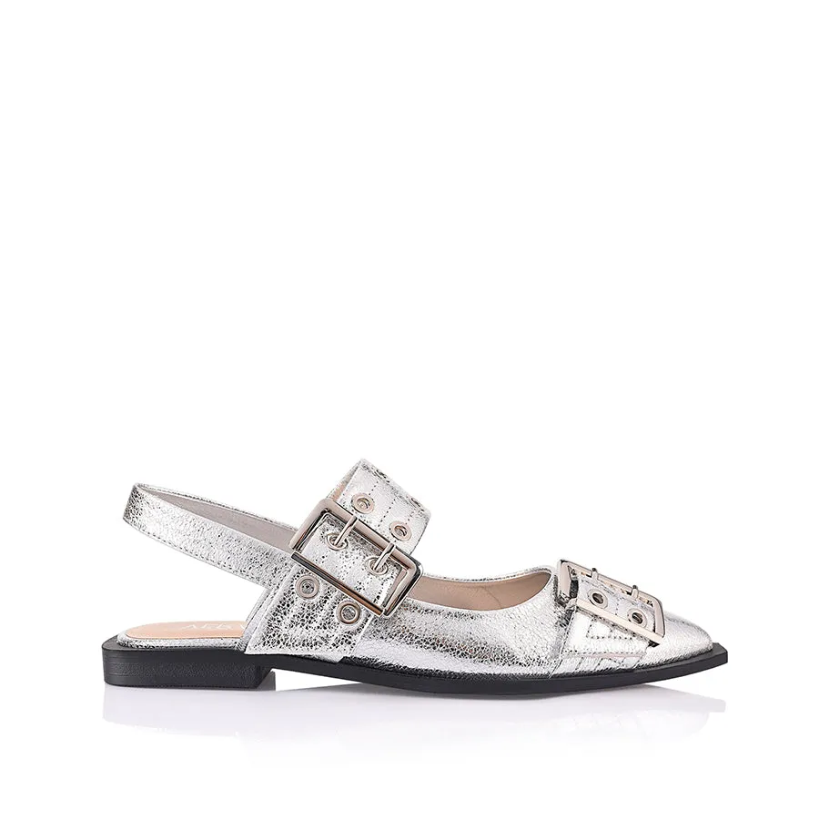 Clea Slingback Buckle Flats - Silver Crinkle