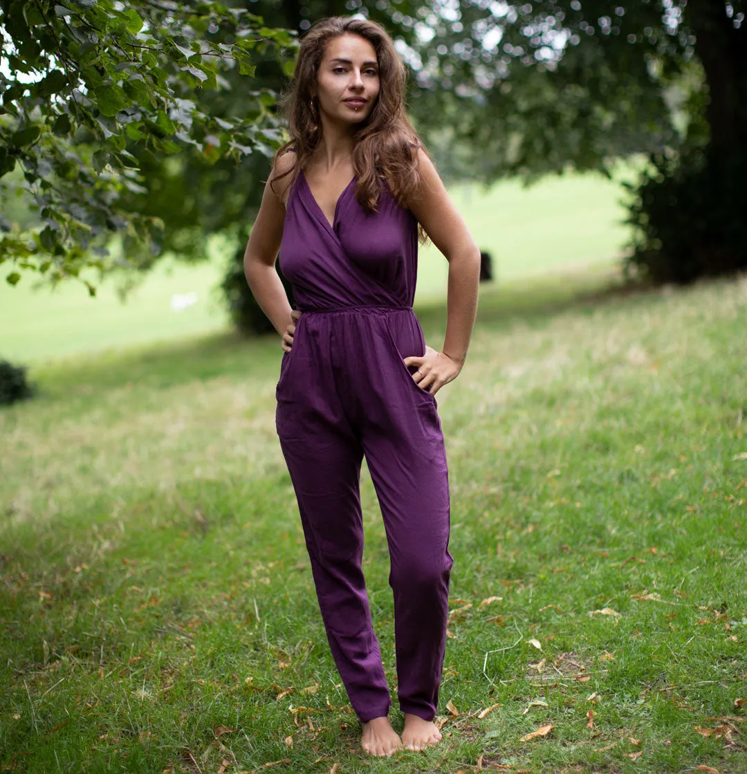 COTTON HIGH WAISTED JUMPSUIT DARK PURPLE