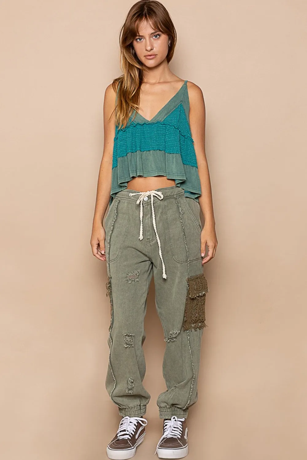 Distressed Cargo Denim Jogger with Crochet Pockets