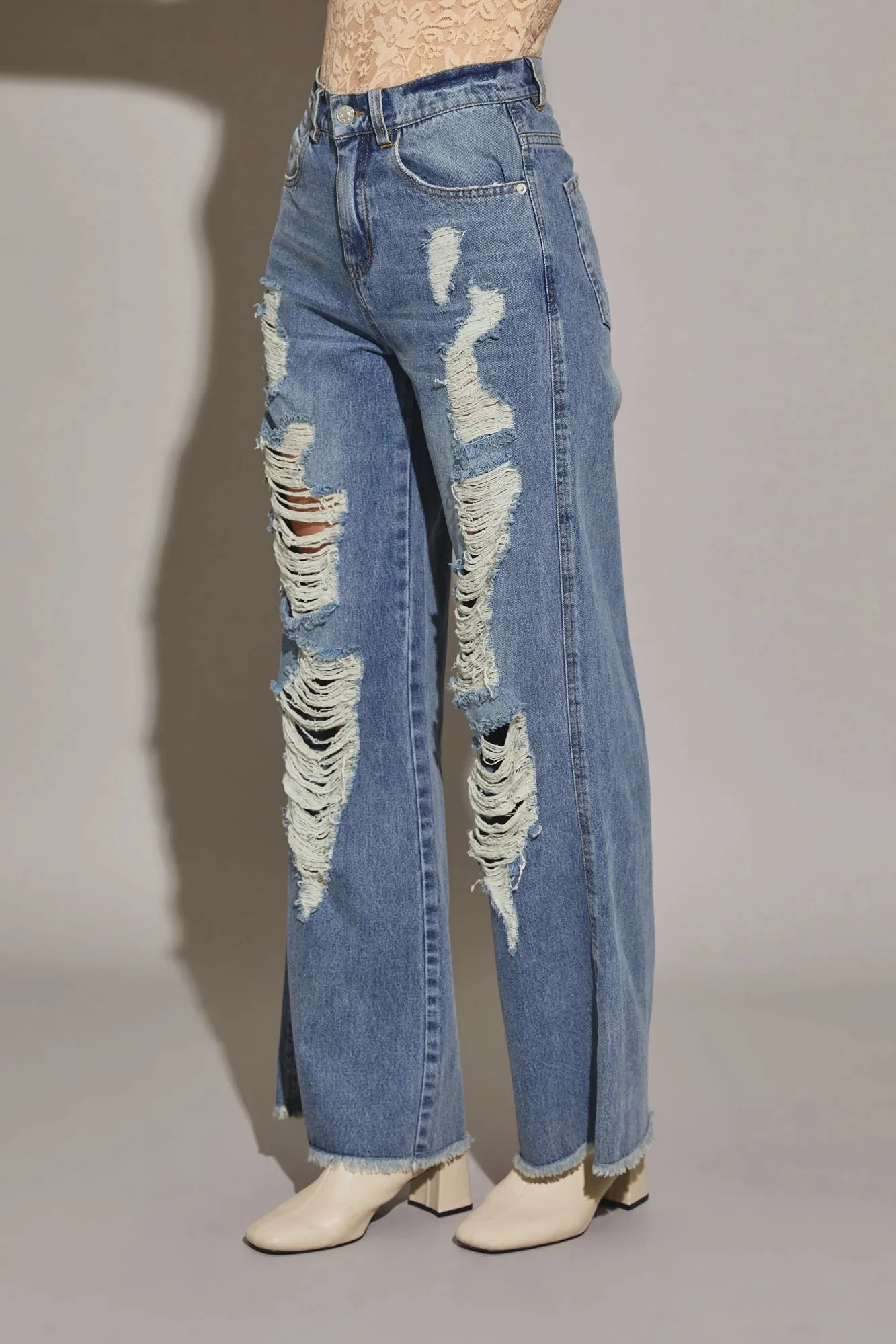 Distressed High Waist Cut Edge Denim Pants