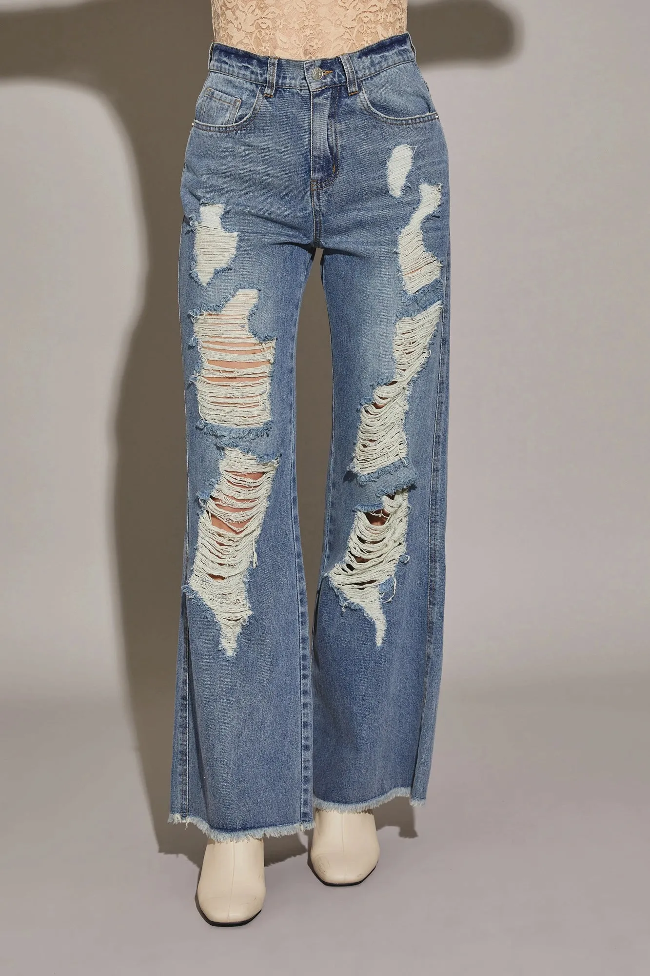 Distressed High Waist Cut Edge Denim Pants