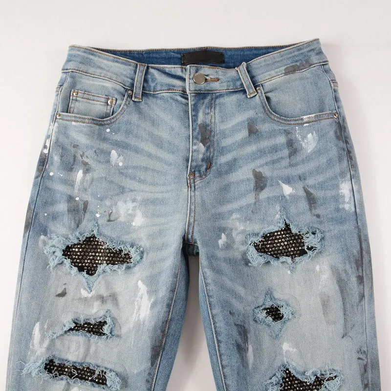 Distressed Silver Rhinestone Slim Blue Jeans