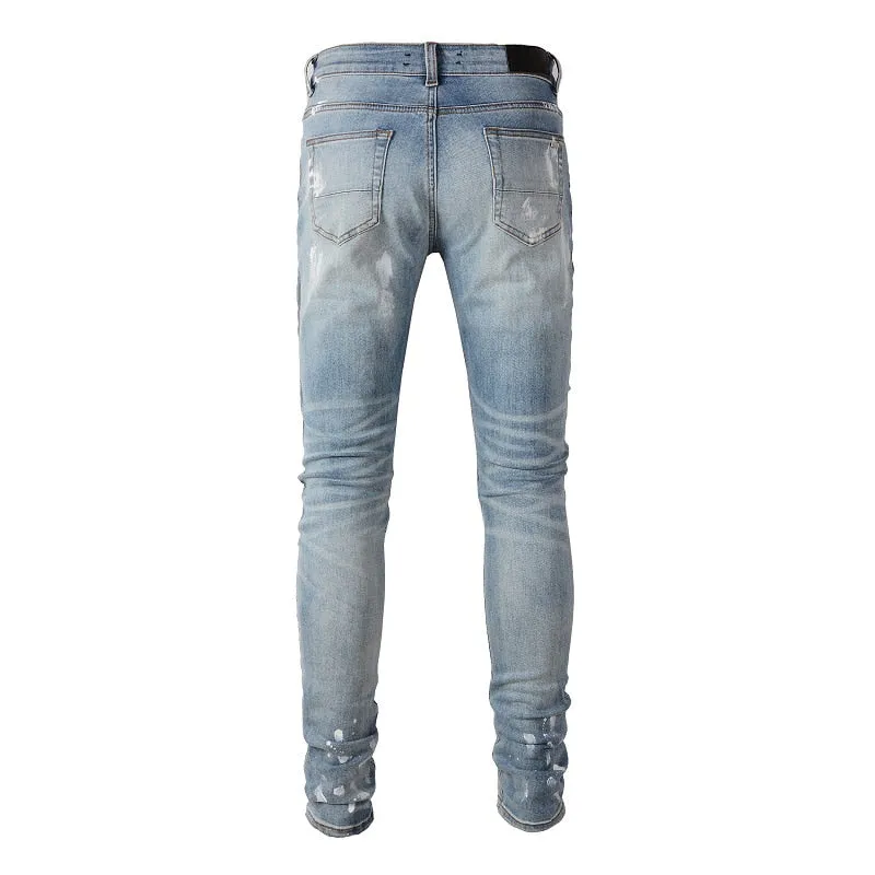 Distressed Silver Rhinestone Slim Blue Jeans