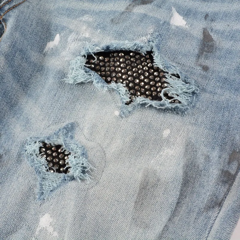 Distressed Silver Rhinestone Slim Blue Jeans