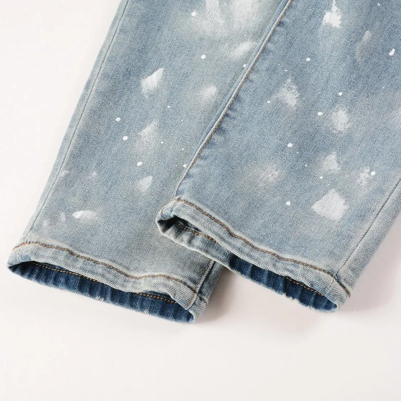 Distressed Silver Rhinestone Slim Blue Jeans