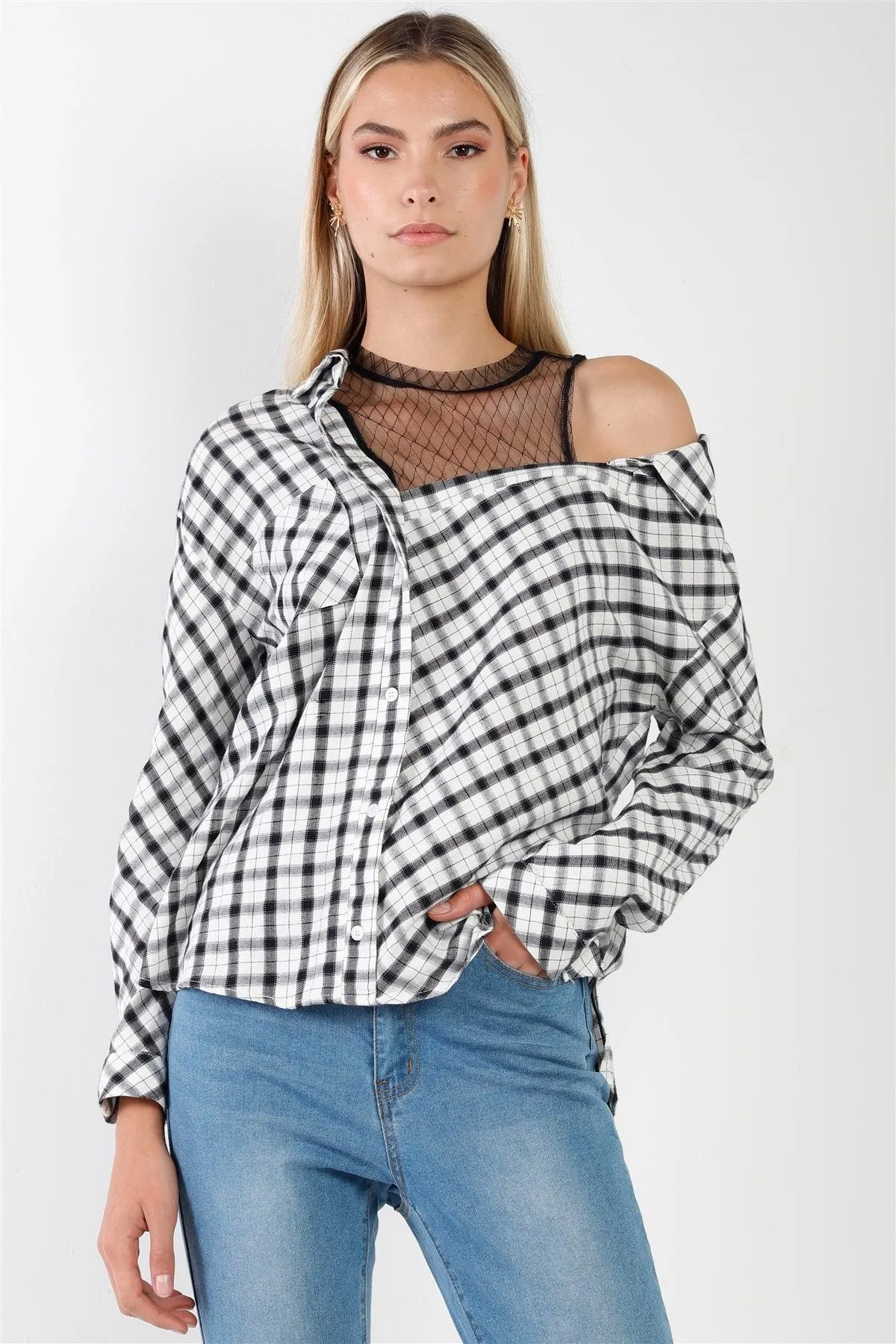 Edgy Chic Gingham Plaid Off-Shoulder Button-Up Top