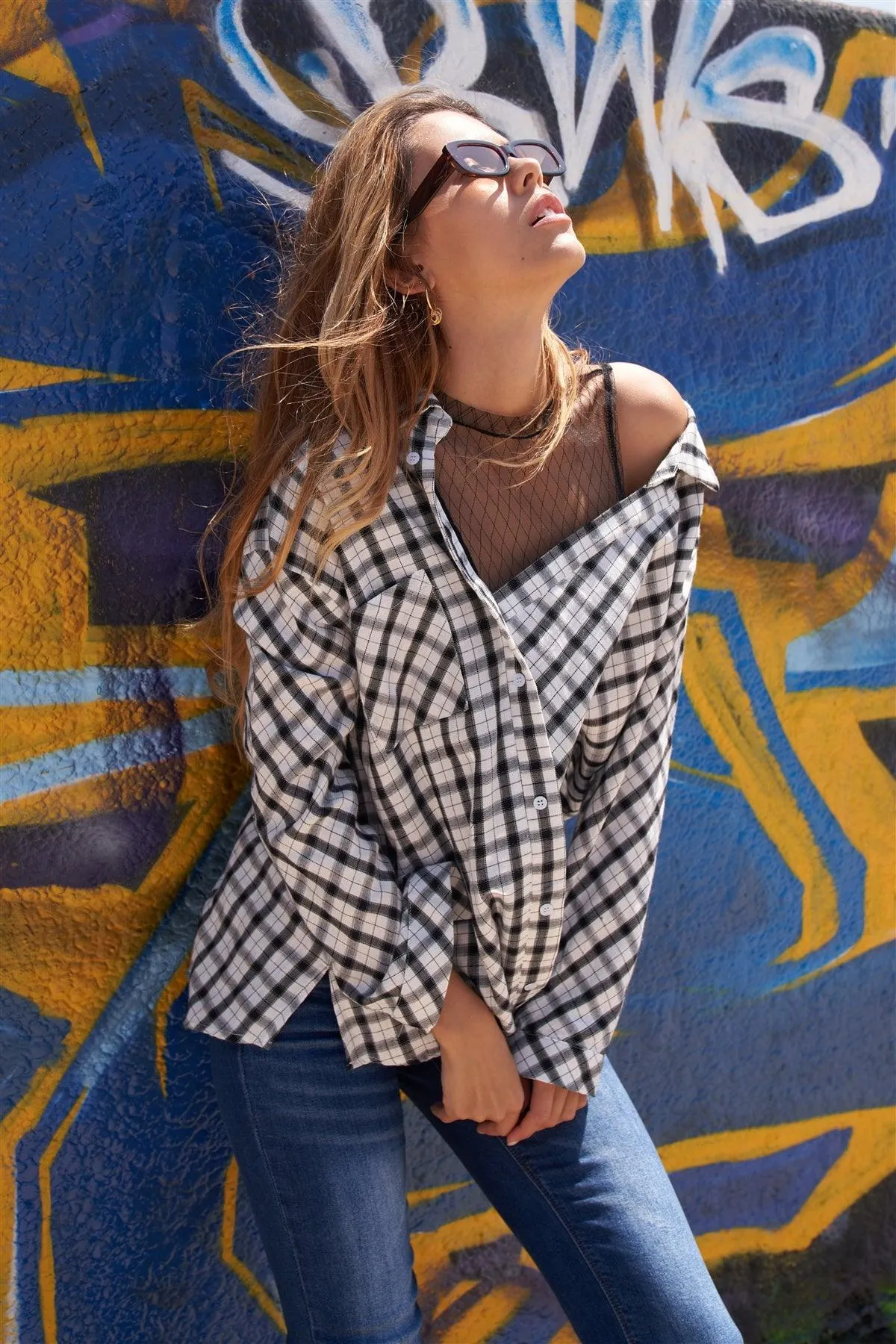 Edgy Chic Gingham Plaid Off-Shoulder Button-Up Top