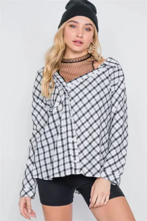 Edgy Chic Gingham Plaid Off-Shoulder Button-Up Top