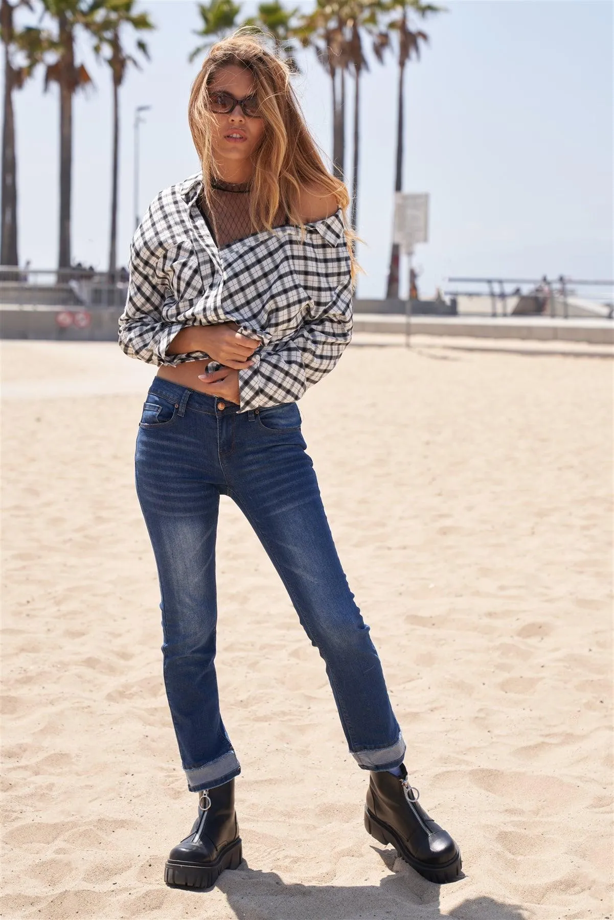 Edgy Chic Gingham Plaid Off-Shoulder Button-Up Top