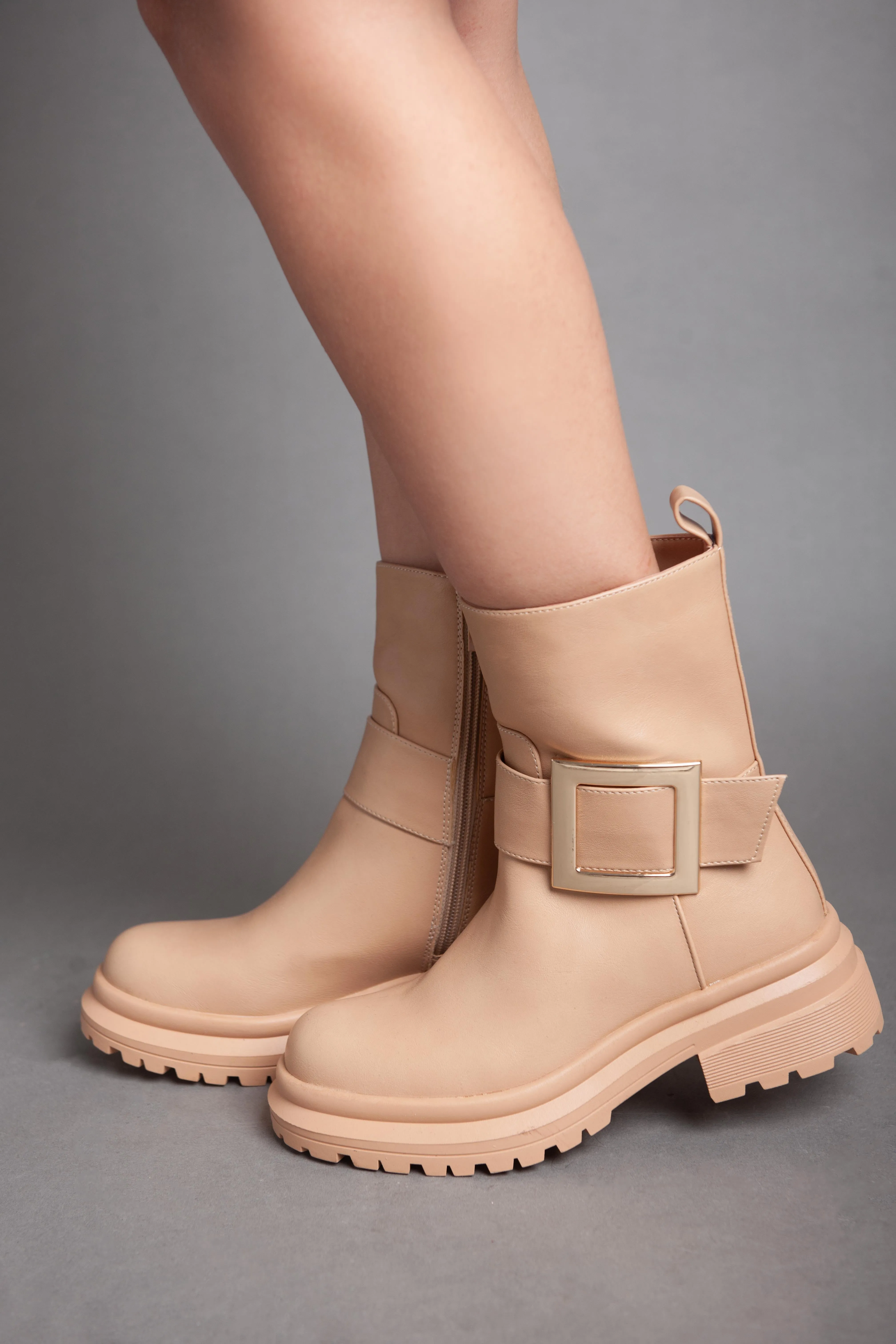 Golden Square Strap Half Boot - Camel