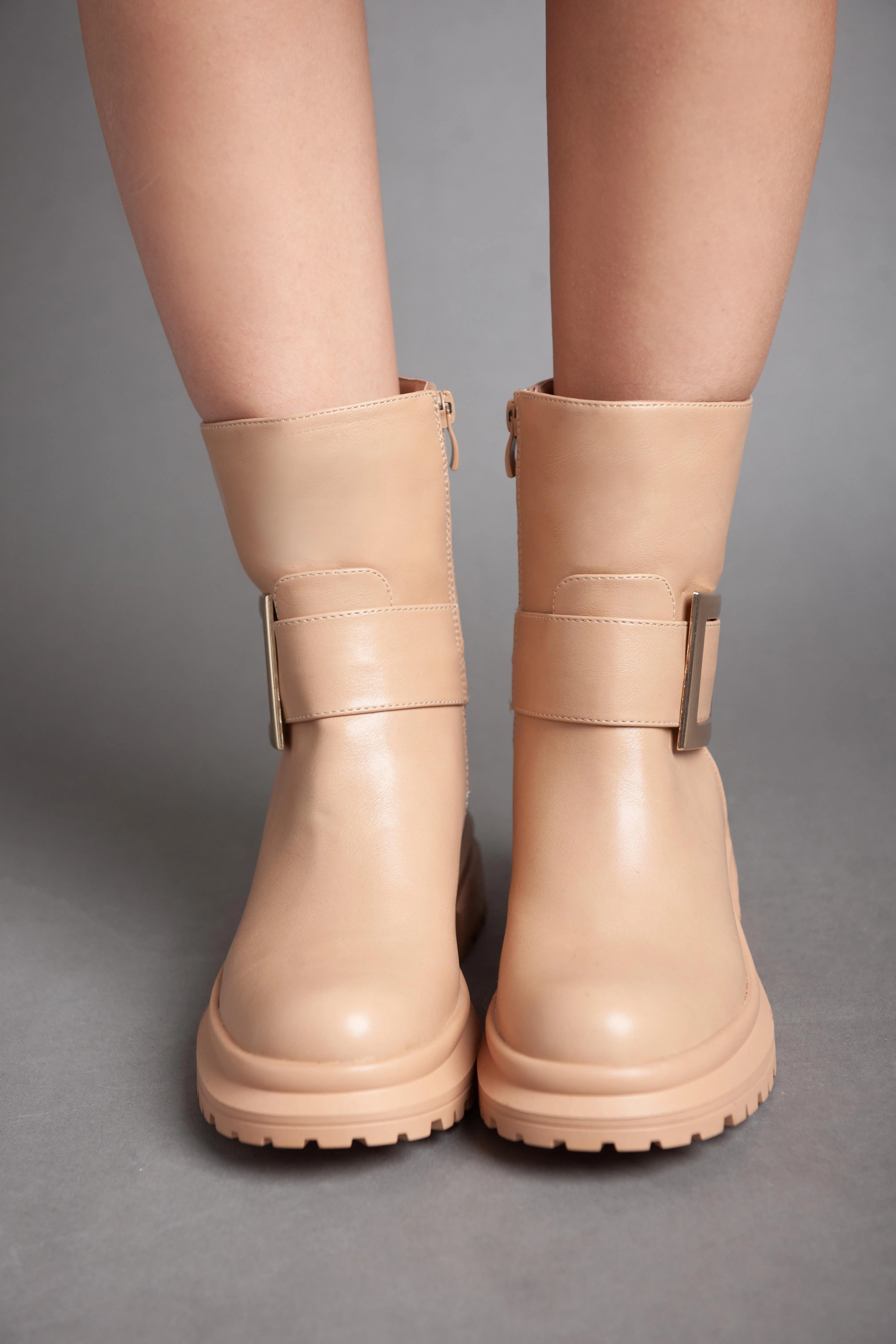 Golden Square Strap Half Boot - Camel