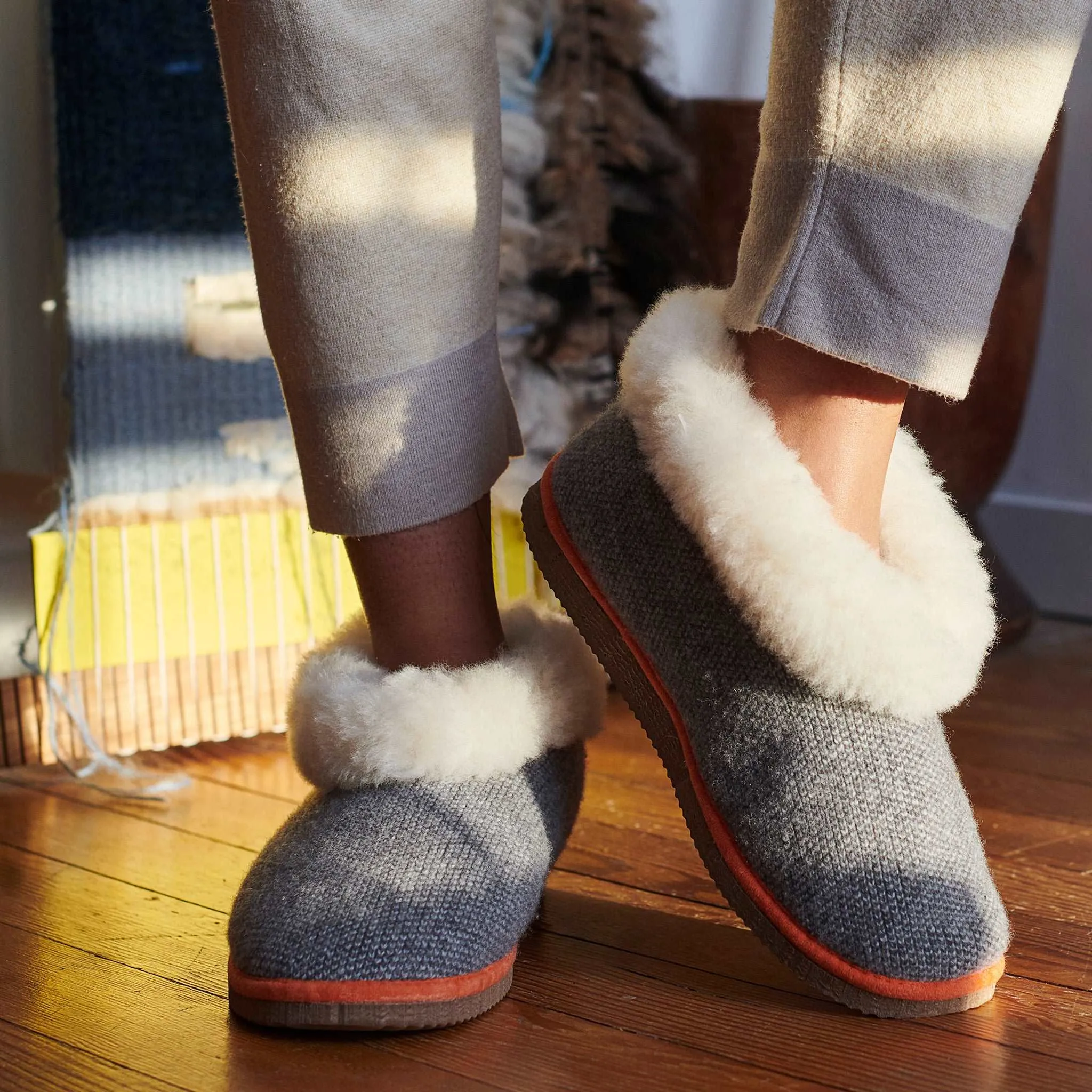 Grey Check Lambswool & Sheepskin Boot Slippers - XL & XXL  ONLY