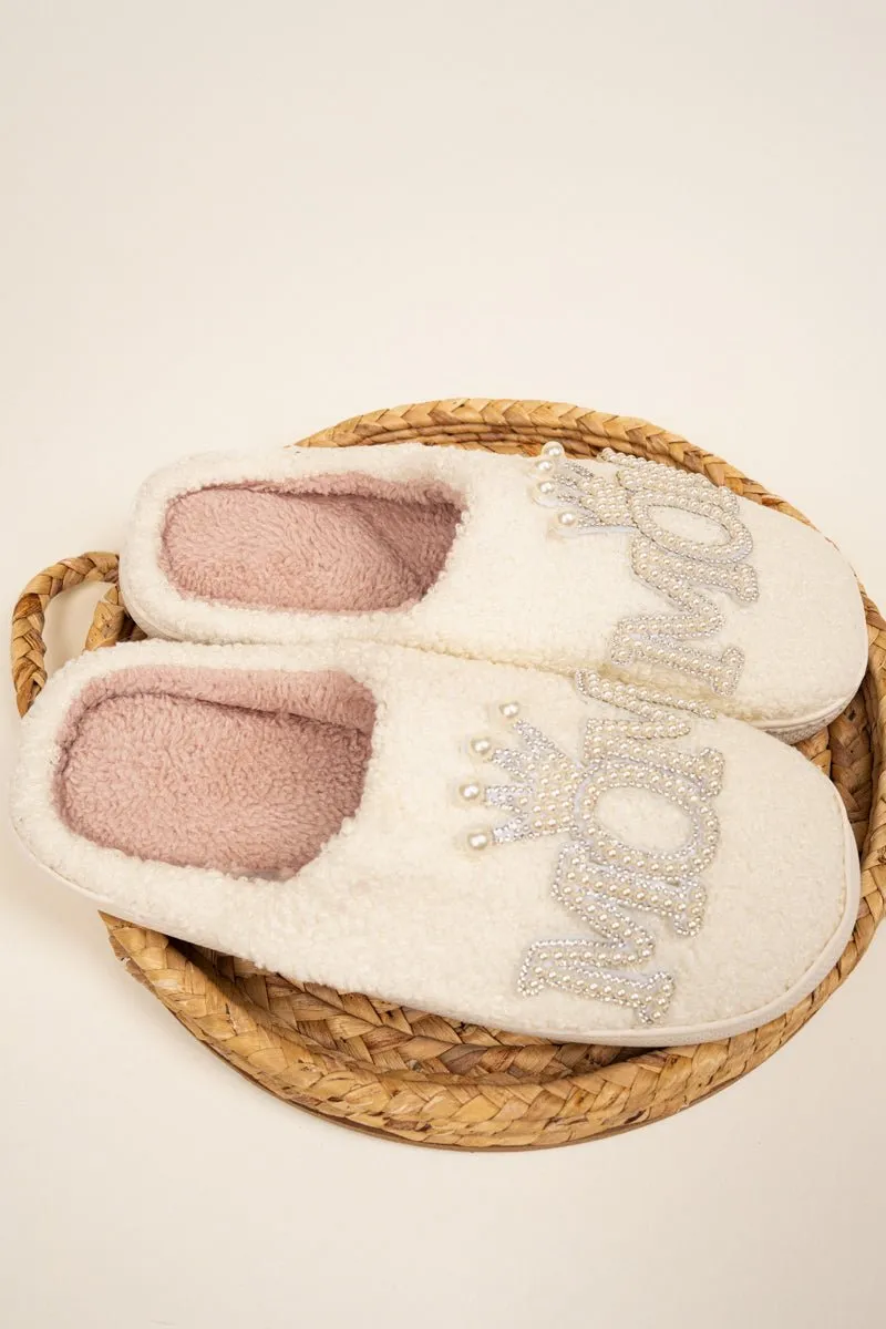 Ivory Pearl Queen Mom Plush Slippers