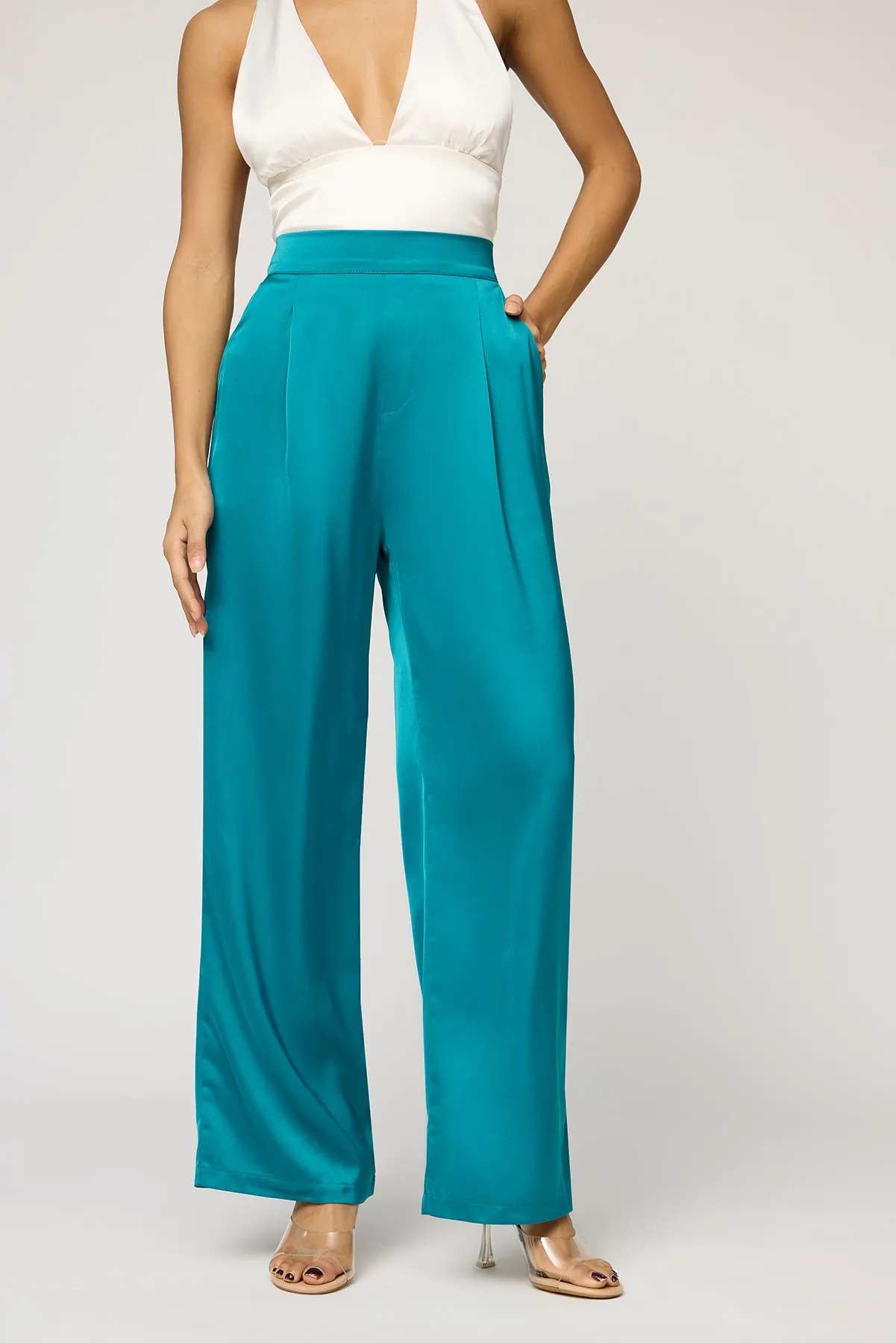 Jade Green Satin Straight Korean Pants