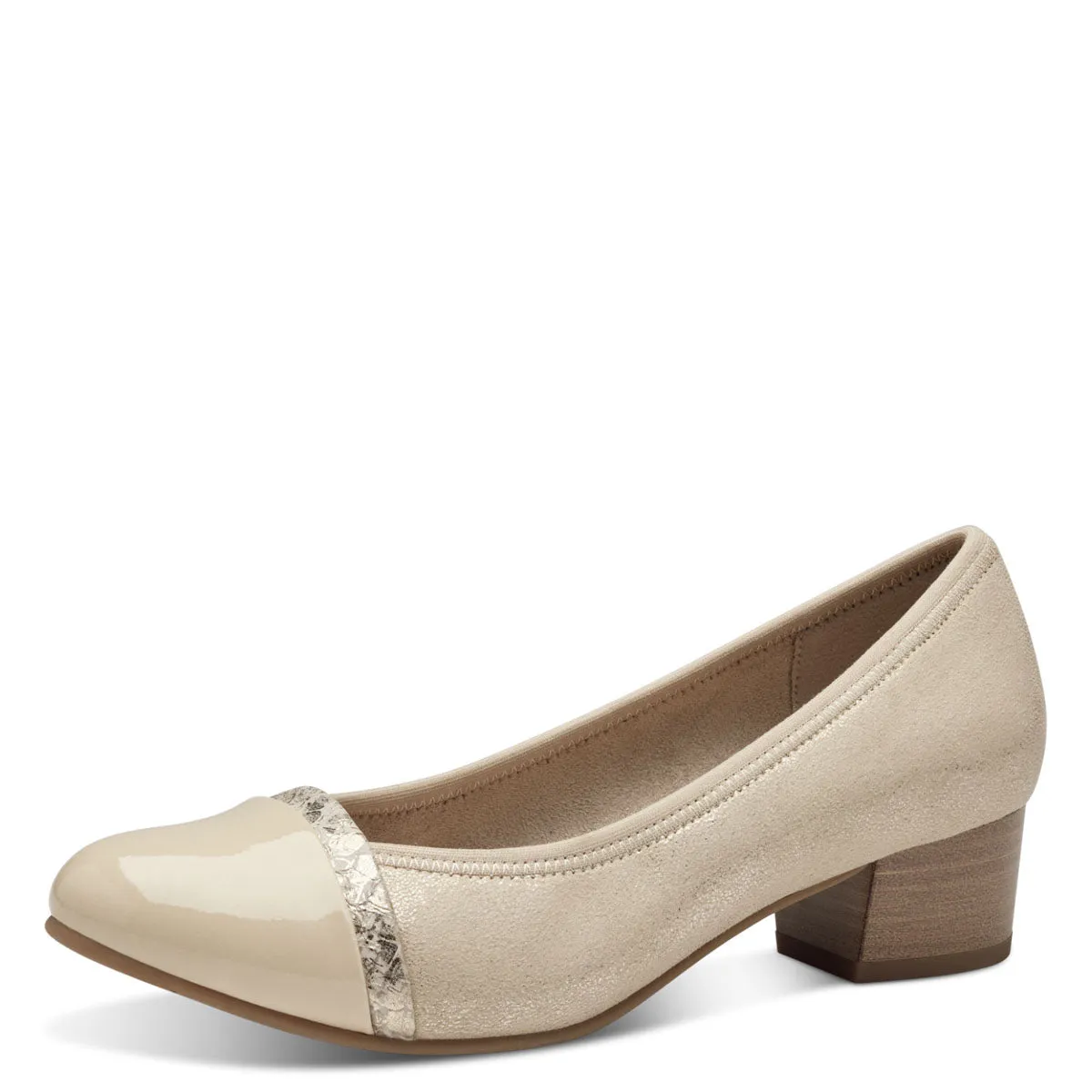 Jana Wide Fitting Light Gold Court Shoe with Cream Patent Detail