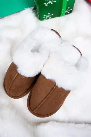 Kick Back And Relax Camel Faux Fur Trimmed Plush Slippers