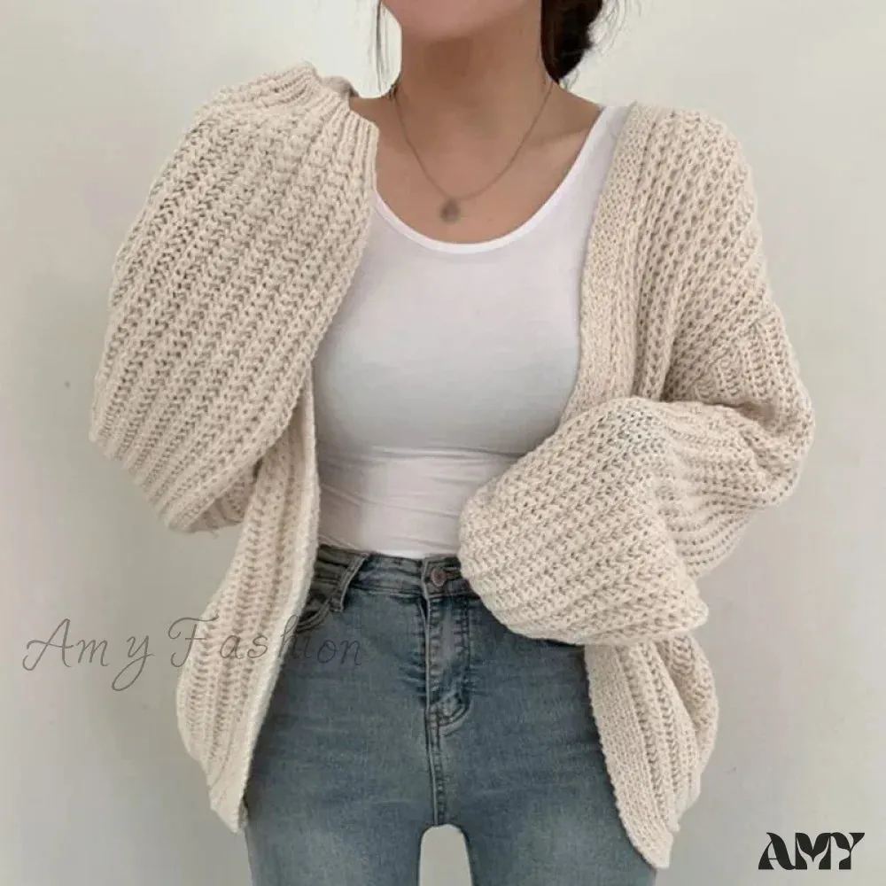 Loose Casual Solid Color Autumn Winter Versatile V Neck Knitted Sweater