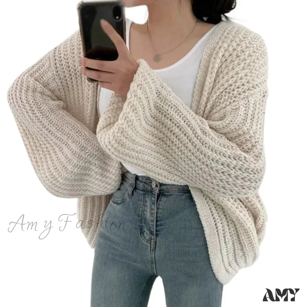 Loose Casual Solid Color Autumn Winter Versatile V Neck Knitted Sweater