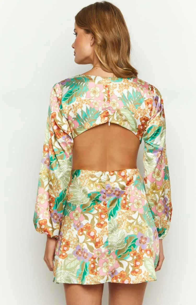 Mars Tropical Print Long Sleeve Twist Mini Dress