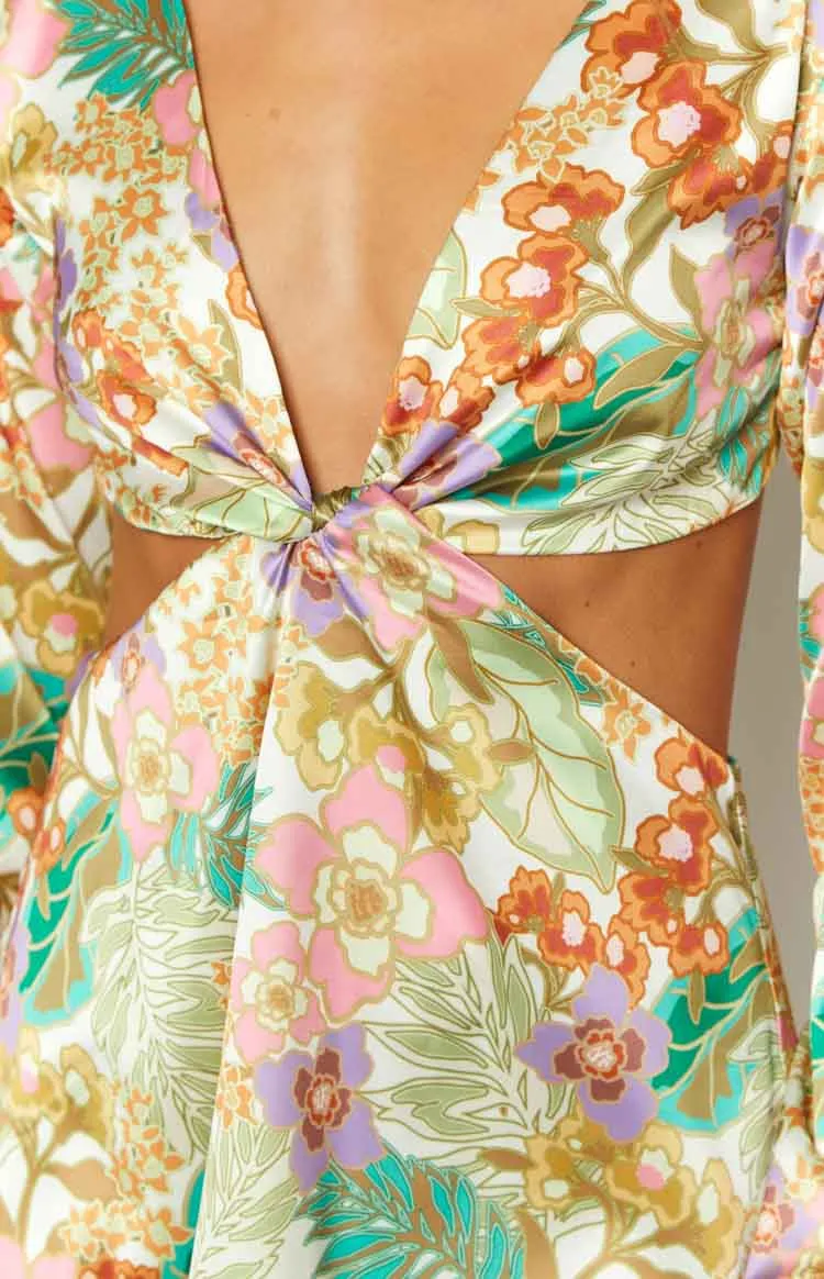 Mars Tropical Print Long Sleeve Twist Mini Dress