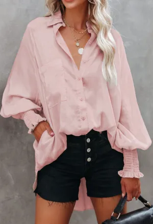 Pink Shirred Cuffs Sleeves Pocketed Shirt