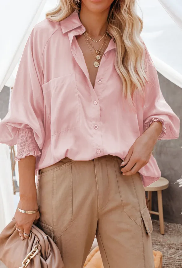 Pink Shirred Cuffs Sleeves Pocketed Shirt