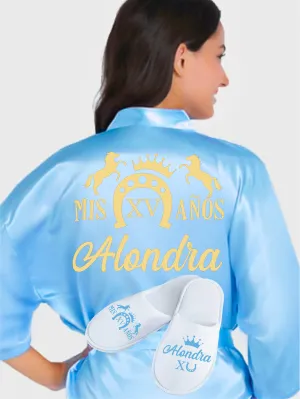 Quinceanera Light Blue with Gold robe with slippers