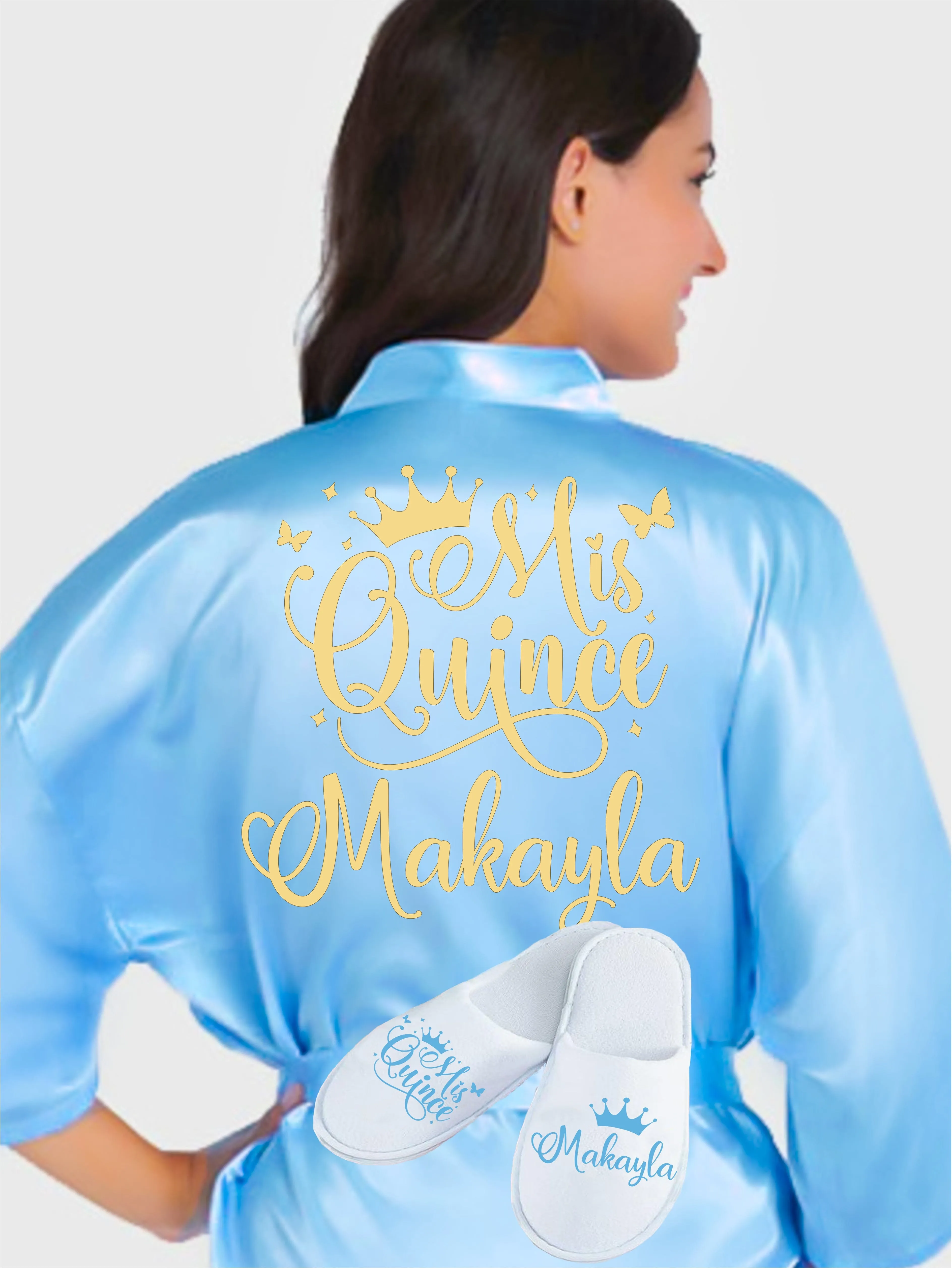 Quinceanera Light Blue with Gold robe with slippers