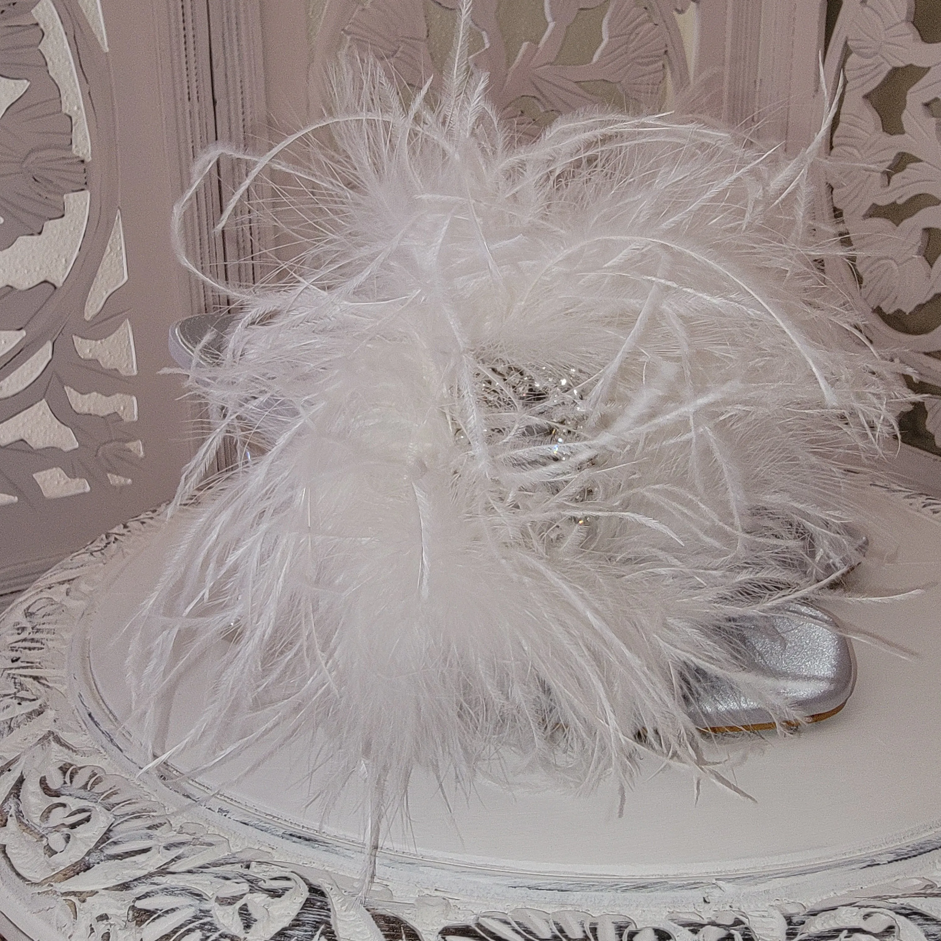 "WHITE SWAN" Silver & White Feather Mules