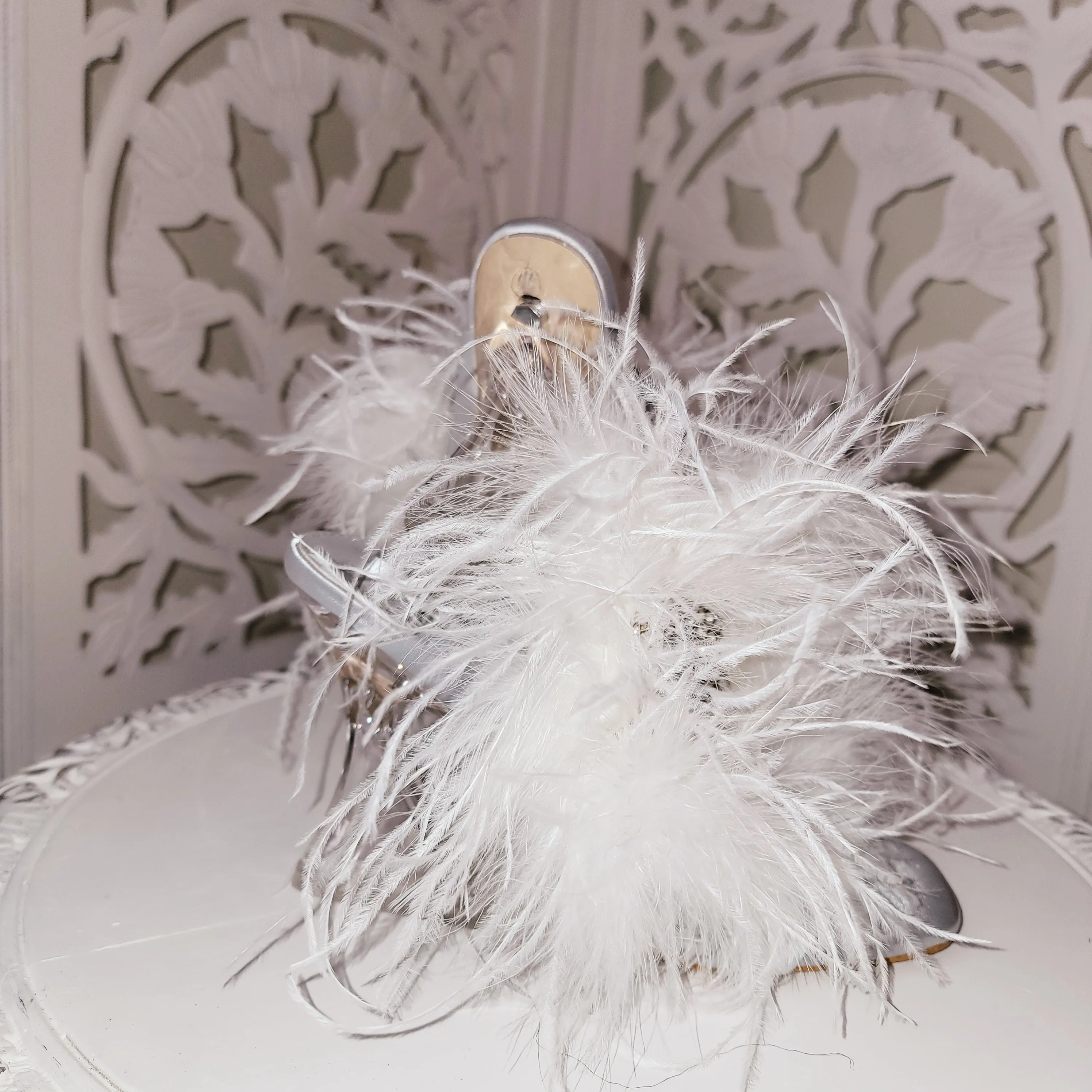 "WHITE SWAN" Silver & White Feather Mules