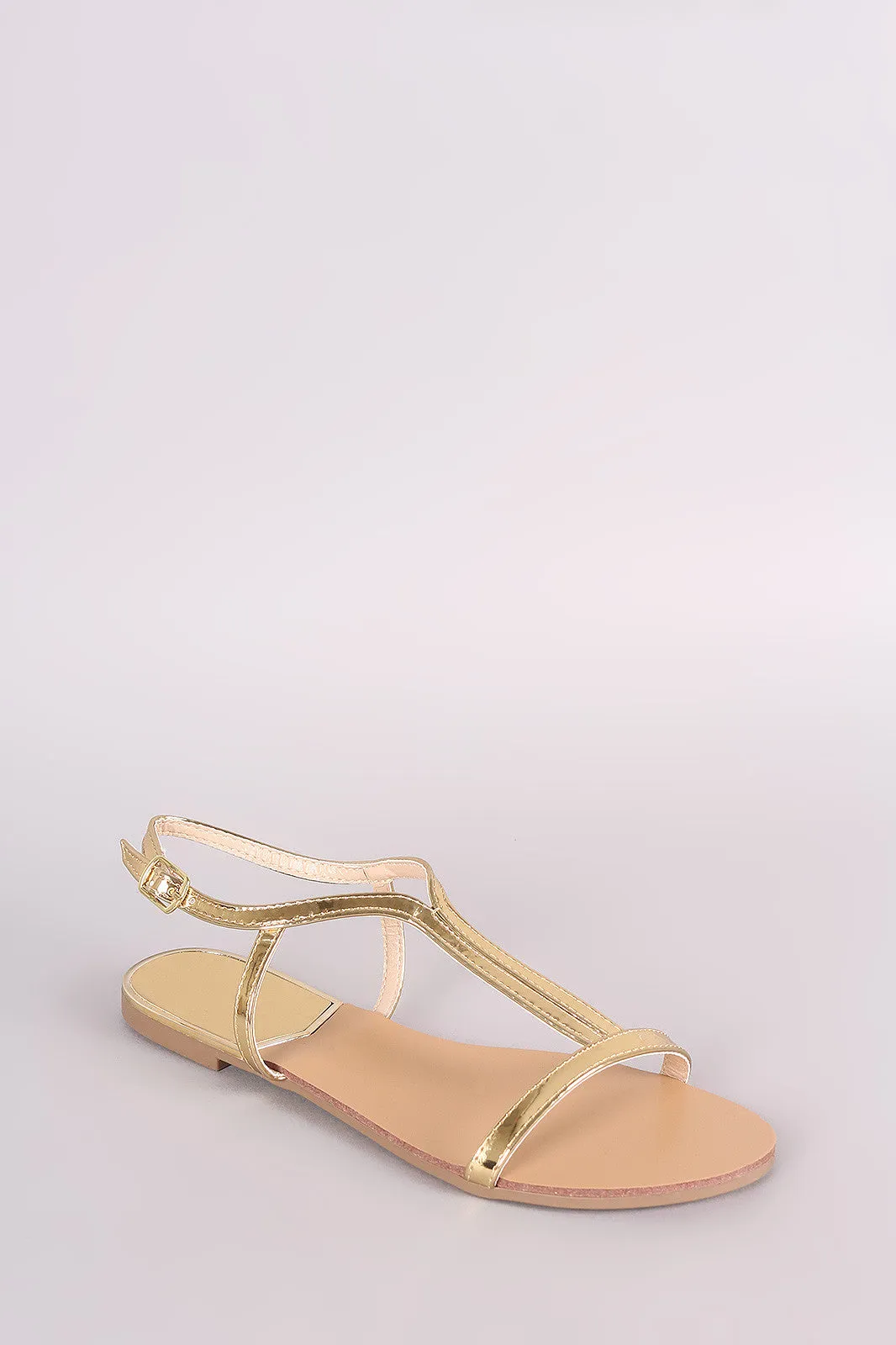 Qupid Patent Open Toe Ankle Strap Flat Sandal