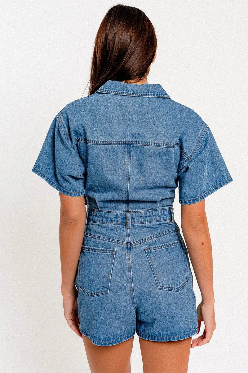 Short Sleeve Deep V-neckline Wrap Denim Romper