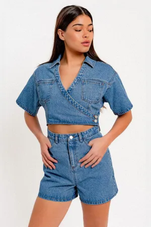 Short Sleeve Deep V-neckline Wrap Denim Romper