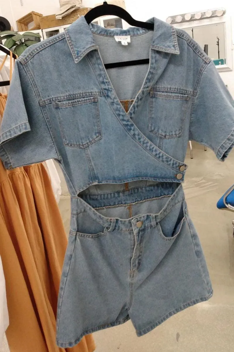 Short Sleeve Deep V-neckline Wrap Denim Romper