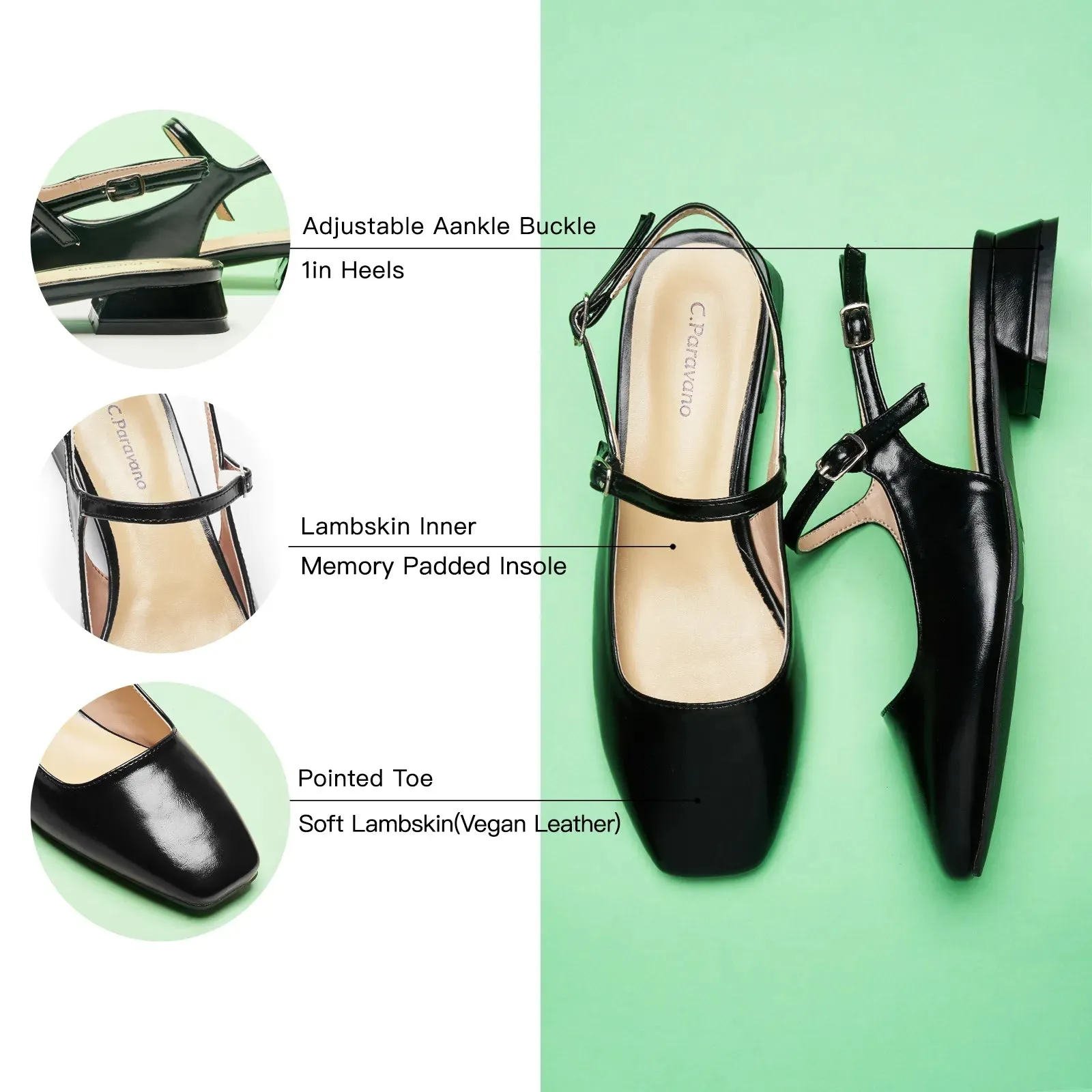 Square-Toe Sleek Slingback Flats (Felicia) Black