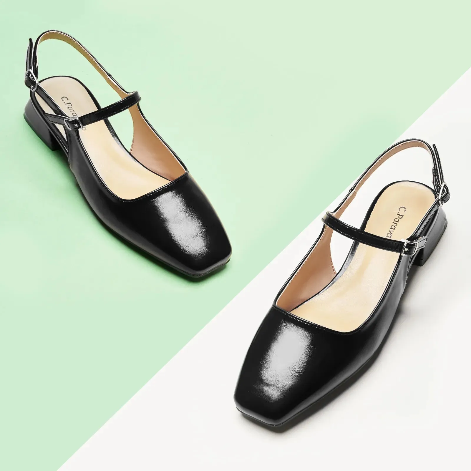 Square-Toe Sleek Slingback Flats (Felicia) Black