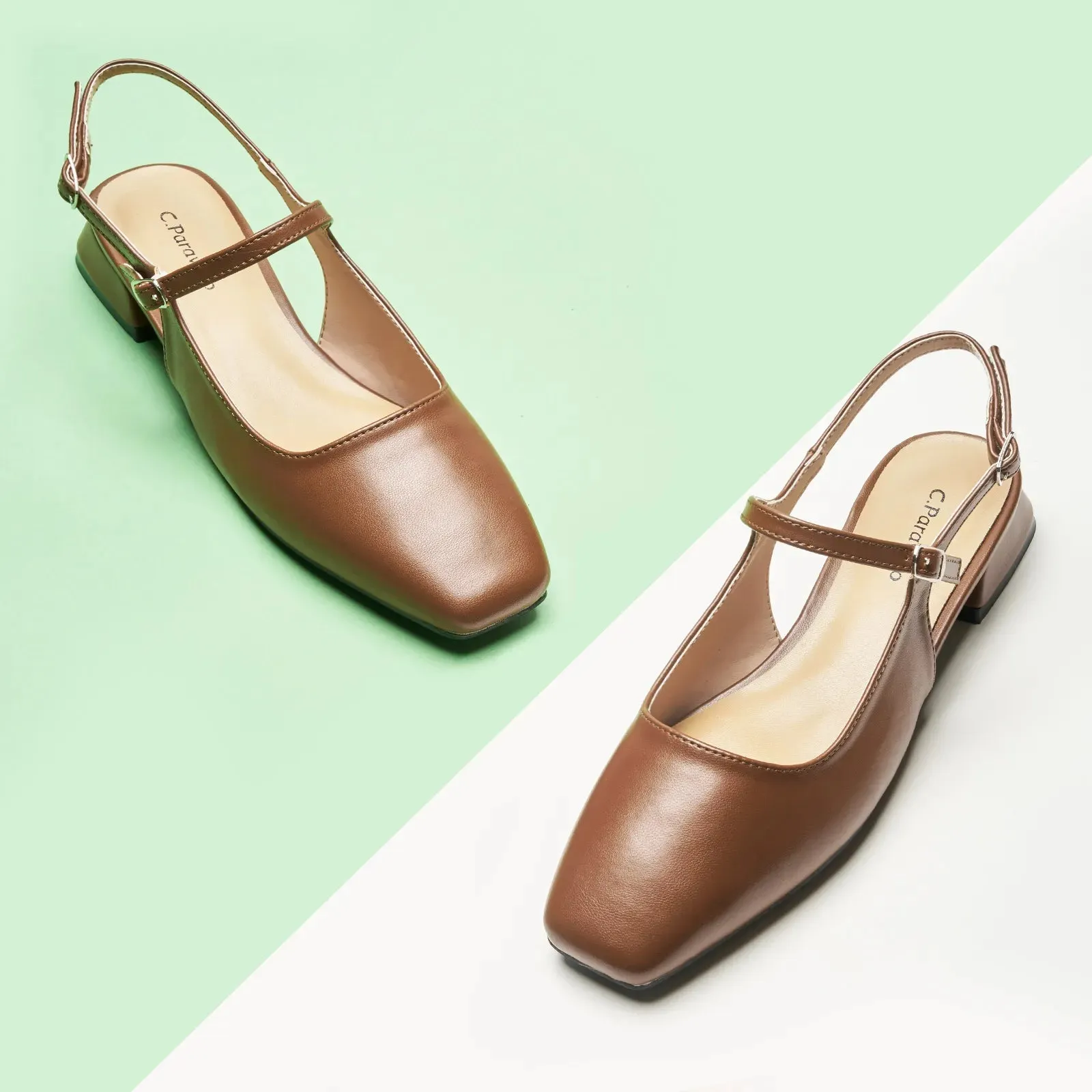 Square-Toe Sleek Slingback Flats (Felicia) Brown