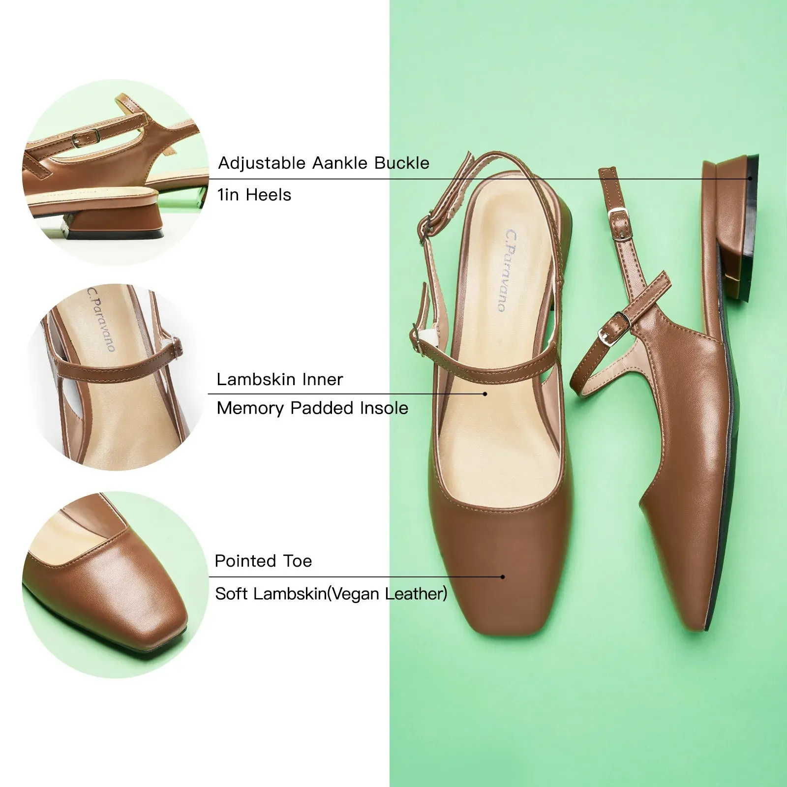 Square-Toe Sleek Slingback Flats (Felicia) Brown