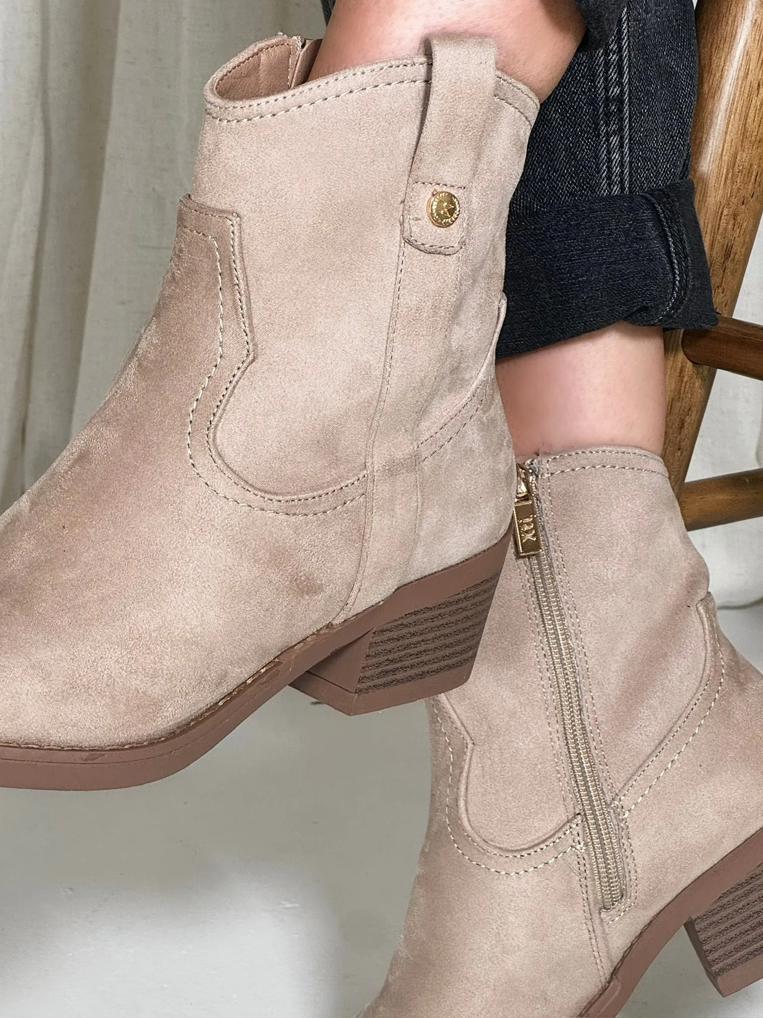 Suede Western Ankle Boot - Beige