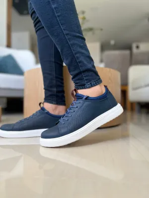 TENIS SNEAKERS PLANO TIPO MEDIA LEO PARA HOMBRE EN CUERO AZUL/ SPN