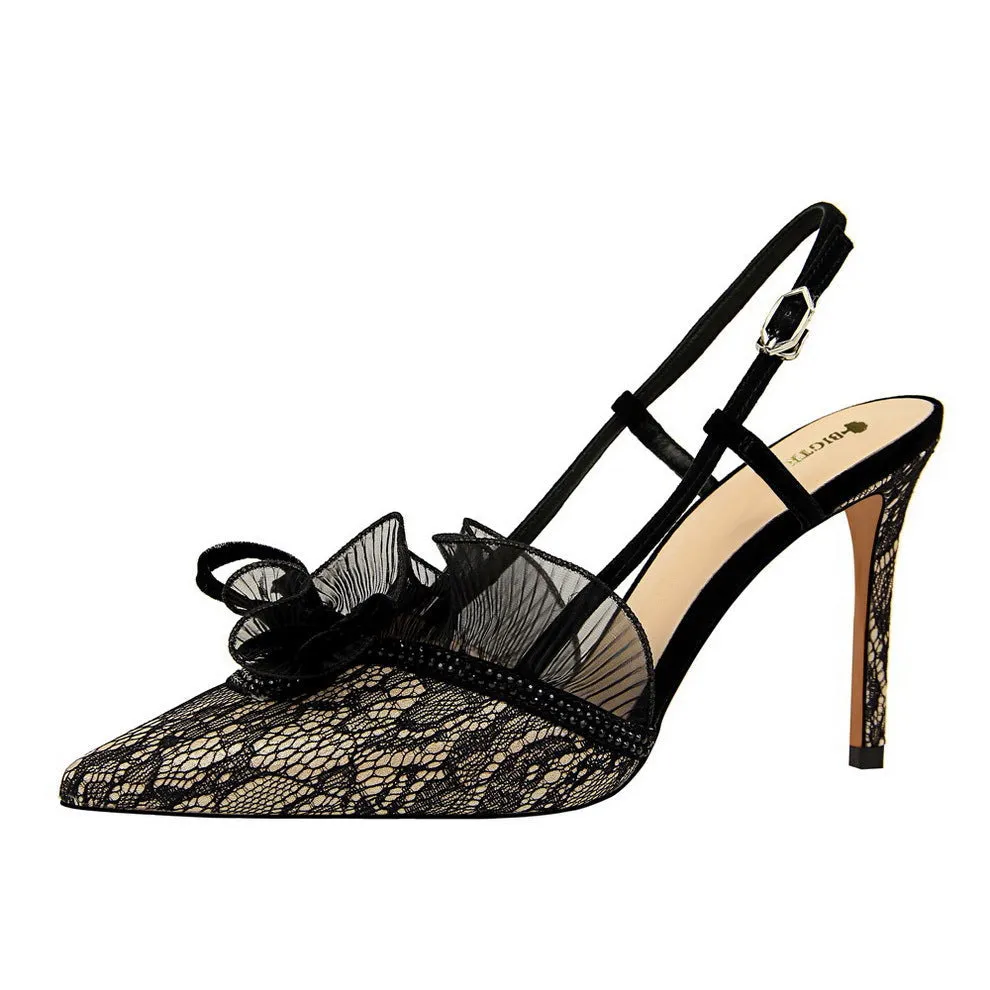 Women lace flower pointed toe slingback buckle strap stiletto heels