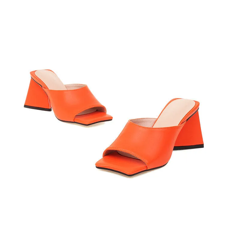 Women solid color square peep toe slip on triangle chunky heels