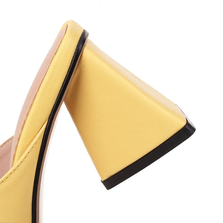 Women solid color square peep toe slip on triangle chunky heels