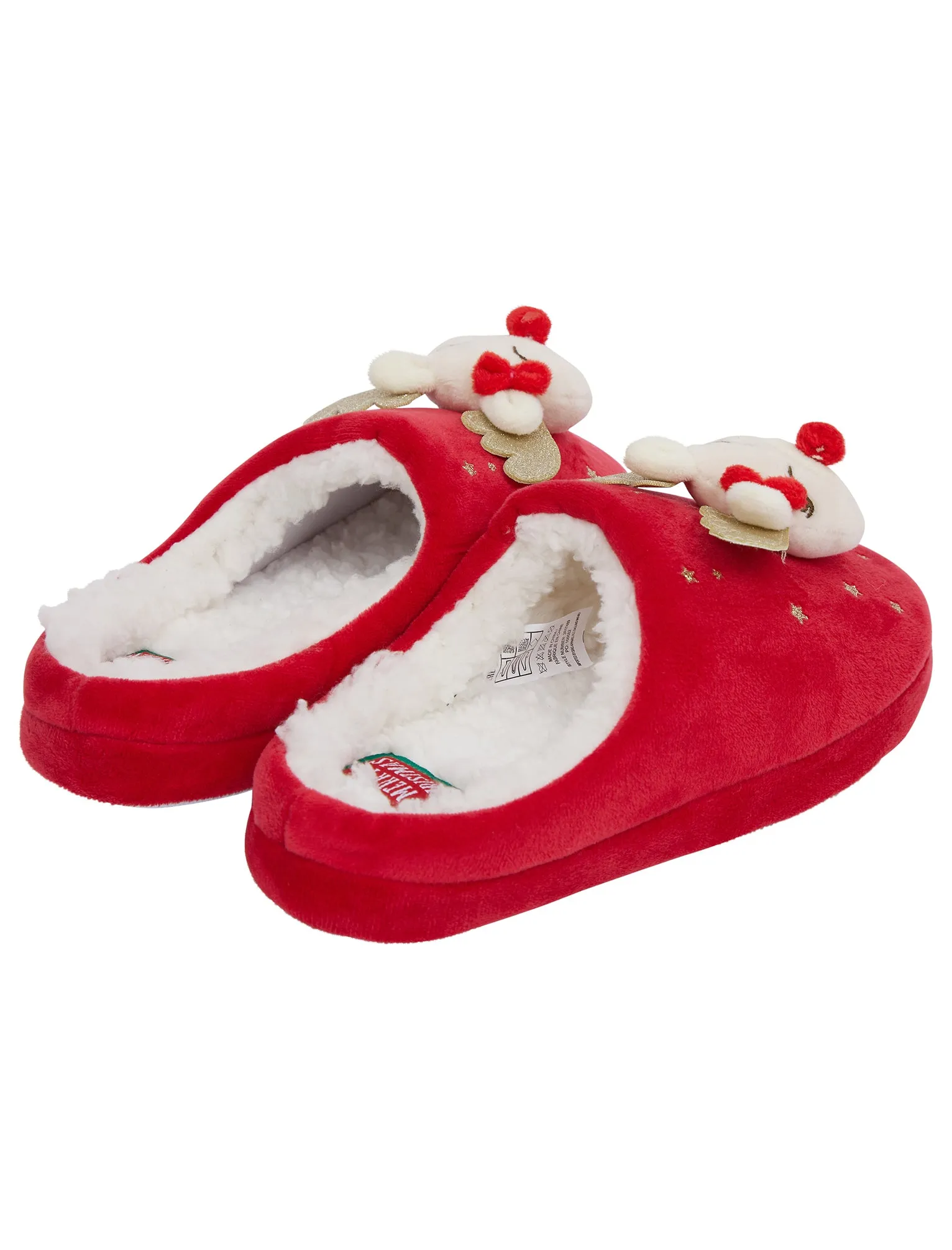 Women's Glimmer 3D Rudolph Reindeer Sherpa Lined Christmas Mule Slippers in Red - Merry Christmas